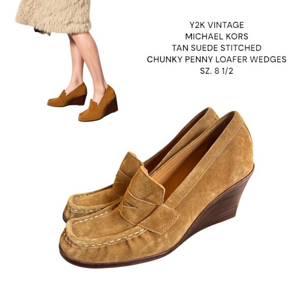 Y2K VINTAGE MICHAEL KORS TAN SUEDE THICK STITCH PENNY LOAFER WEDGE HEELS 8.5 - Picture 1 of 5